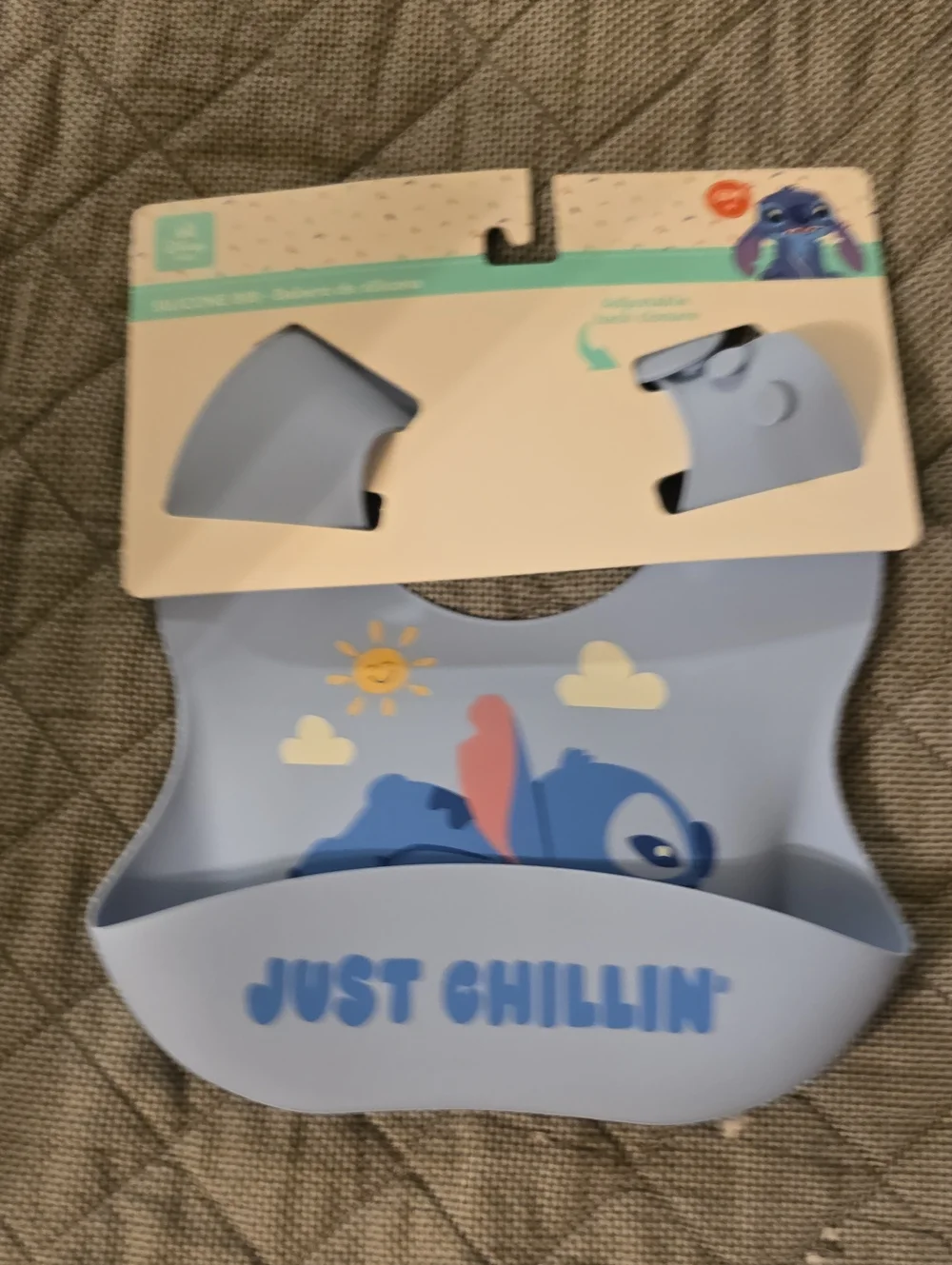 Disney Stitch Silicone Bib in Light Blue with 'Just Chillin'' Print